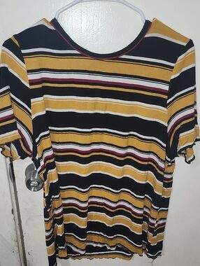 Almost Famous Black Mustard Striped Short Sleeve Blouse